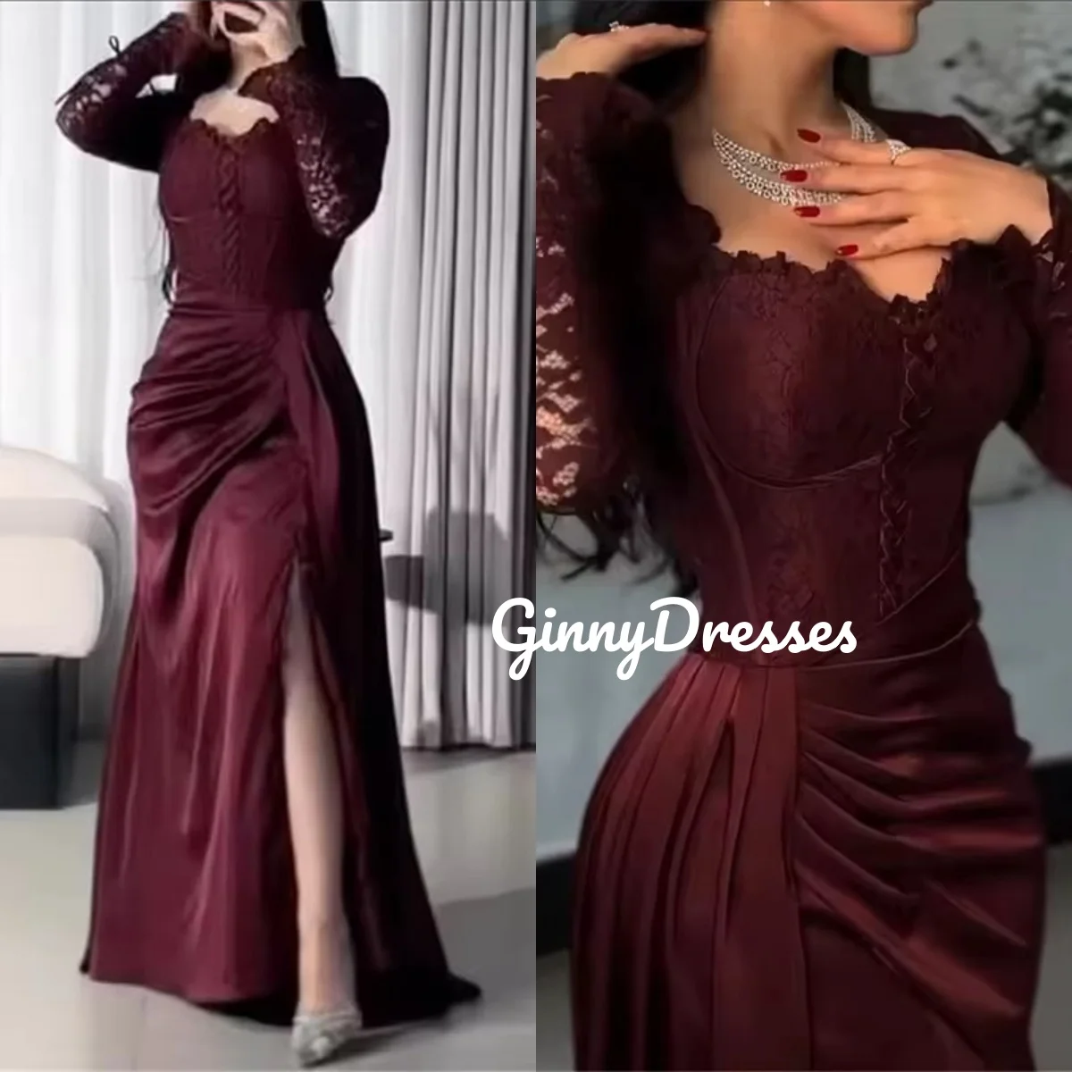 

Кружевное трапециевидное платье на заказ для свадебной вечеринки с разрезом и квадратным вырезом, рюшами, платья длиной до пола для выпускного вечера, жилет на молнии с длинными рукавами