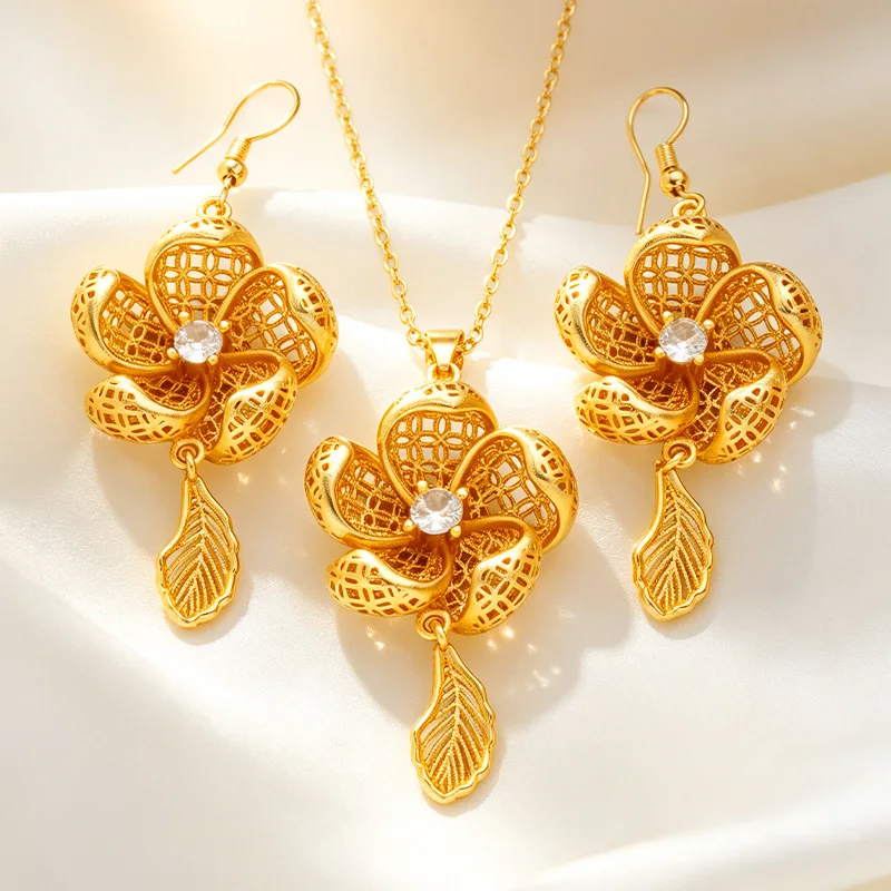 Luxury 24K 9999 Pure Gold real gold Women's Hollow Diamond Flower Stud Earrings Necklace Set