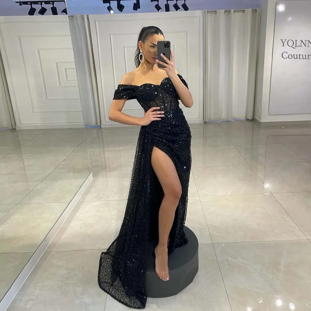 YQLNNE Black High Slit Beading Evening Dresses Long Mermaid Prom Party Gowns With Skirt