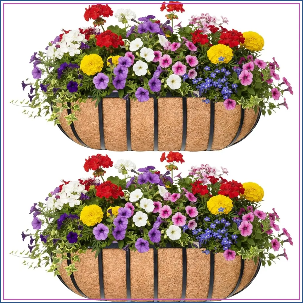 Jardinera de 36 pulgadas para barandilla con revestimiento de coco, de metal, montada en pared, tipo caballeriza inglesa, para exteriores, terraza, balcón, porche, valla, patio (Paquete de 2)