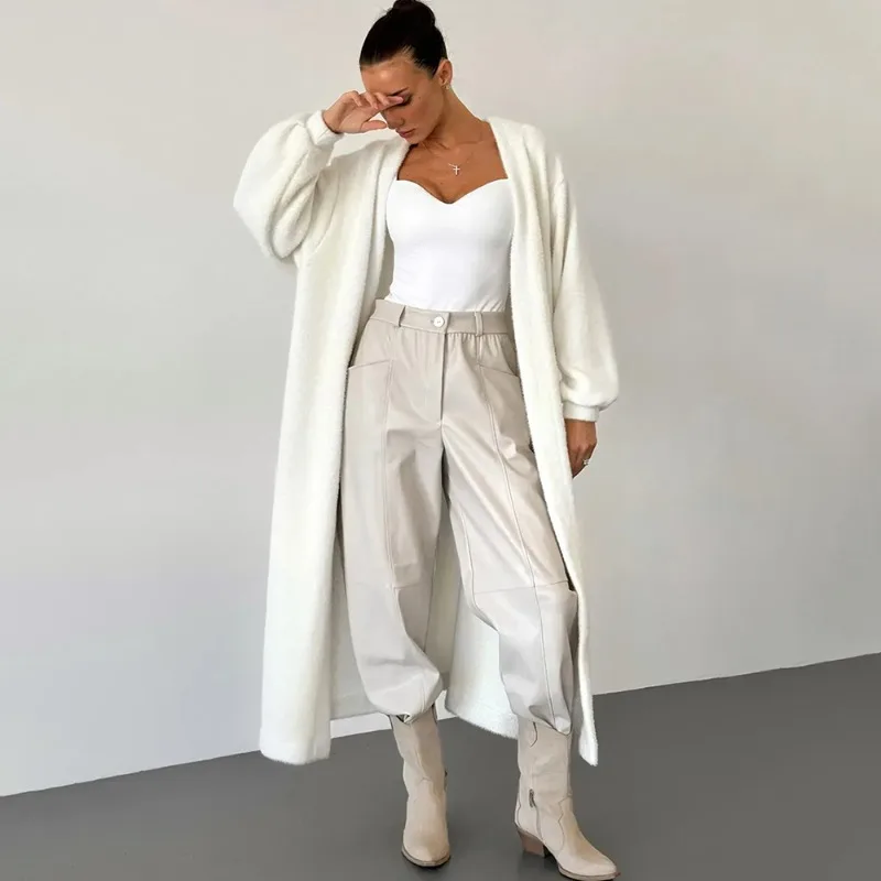 

Tuularose Vintage Solid Long Sleeve Cardigan Women Fluffy Warm Women's Long Knitted Cardigan 2025 Autumn White Oversize Sweater