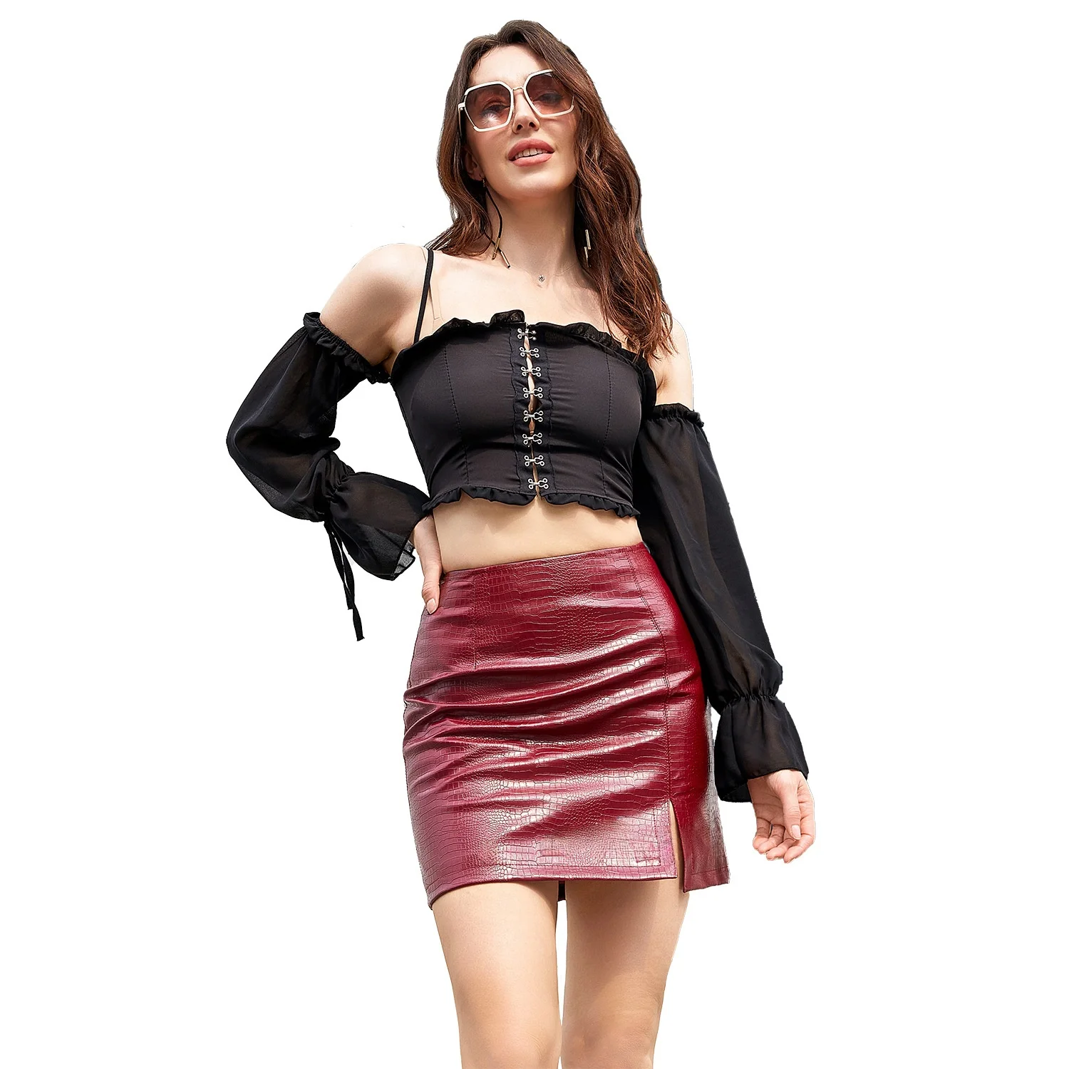 

Croco PU Crocodile Pattern Skirt Split f-length Leather Skirt Faionable Autumn Wear for Women And Men