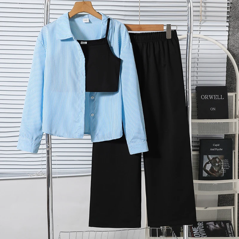 

Комплект из 3 предметов для девочек 8-12 лет: сине-белая полосатая рубашка на пуговицах спереди, майка и брюки/однотонная рубашка с открытой спиной, повседневный детский наряд на каждый день