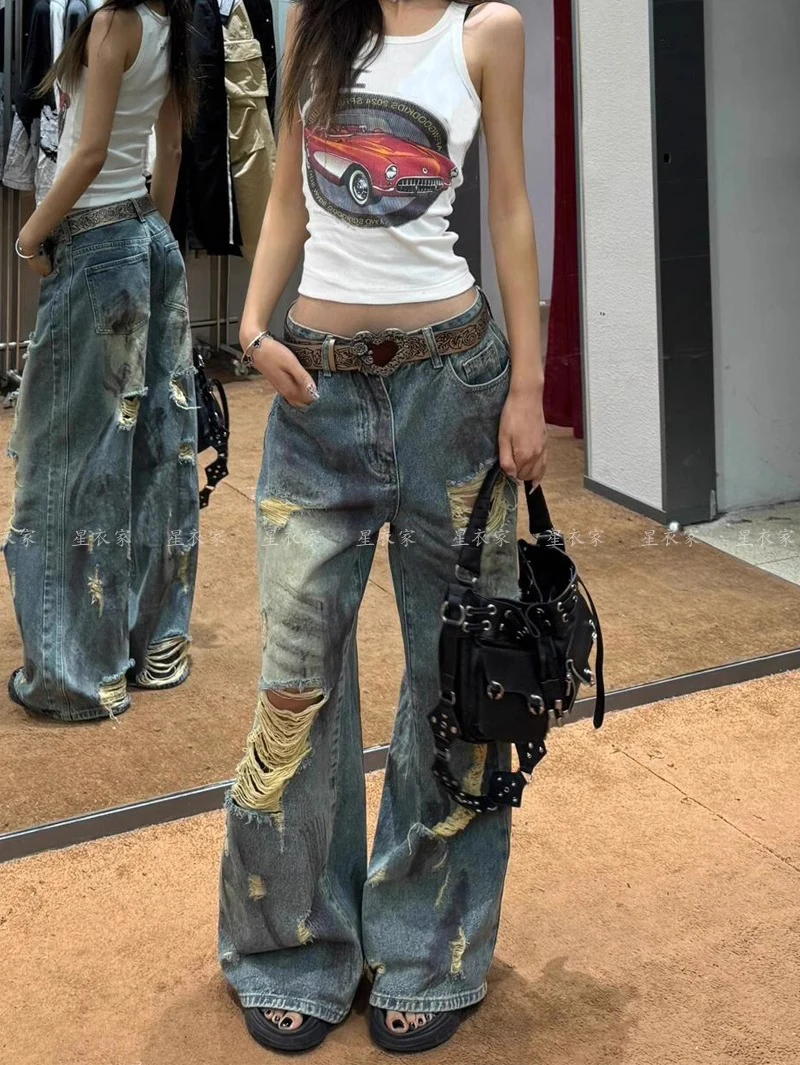 Amerykańskie jeansy z dziurami w stylu high street dla kobiet i mężczyzn, luźne spodnie jeansowe w stylu retro BF Lazy Style na lato 2025