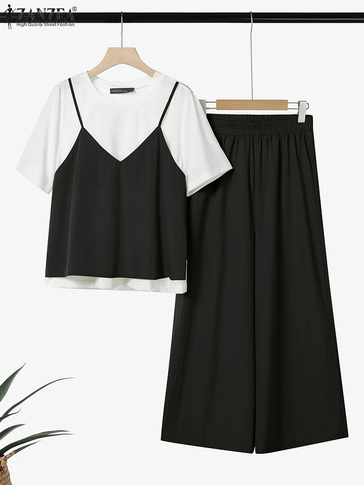 

ZANZEA Wide Leg Pants Contrast-Color Patchwork Short Sleeve T-Shirt 2 Pieces Sets Women Fashion Casual 2pcs Outfits Pant Sets