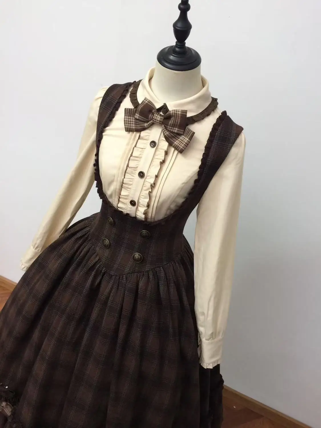 Japanese Retro Lolita 2-Piece Set Women Slim Fit Bow Shirt + Plaid High Waist Dress Fashion Kawaii Elegant Party Chic Outfits image 3