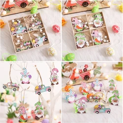 12pcs Easter Eggs Rabbit Car Wooden Pendants Happy Spring Easter Decoration for Home 2024 Carrot Faceless Gnome Easter Day Gifts