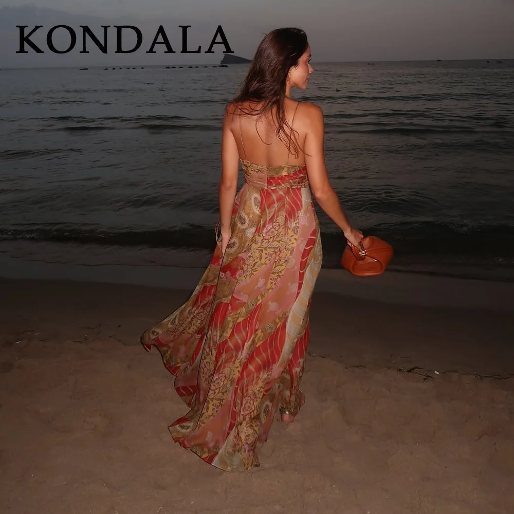 KONDALA 2025 فساتين نسائية لربيع وصيف مثيرة مطبوعة موضة مستقيمة بدون ظهر رسن بدون أكمام فساتين طويلة أنيقة للسيدات