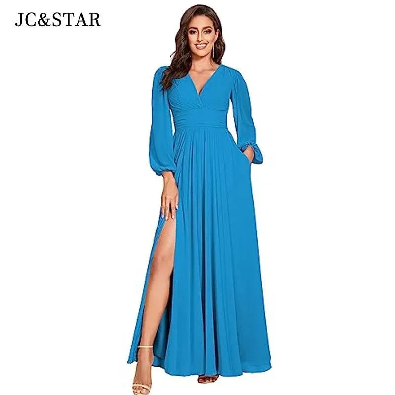 

Blue Women V-Neck Bridesmaid Dresses with Long Sleeves Split Pleats Chiffon Formal Evening Party Gowns for Wedding Guest Robe