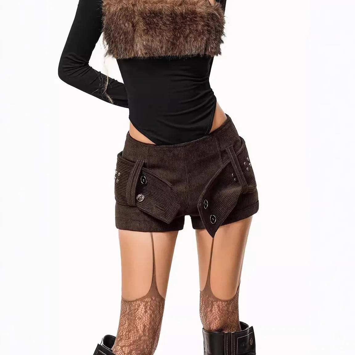Women's Corduroy Shorts with Big Belt Low Waist Button Casual Vintage Spice Girls Hot Pants Booty Shorts