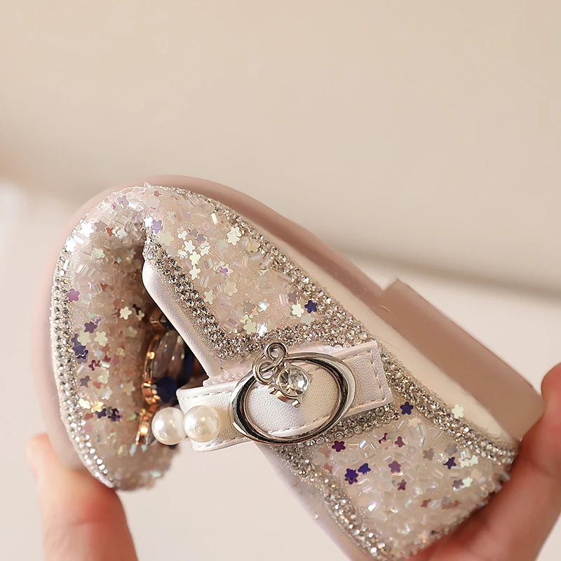 Girls Rhinestone Leather Shoes 2024 Spring New Baby Crystal Princess Shoes Fashion Children's Casual Shoes