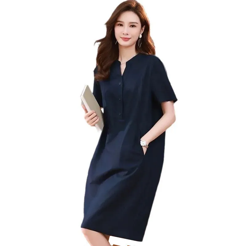 Simple Solid Color Polo Neck Short Sleeve A Line Dress For Women Casual Loose Fit Knee Length Daily Wear Summer Style