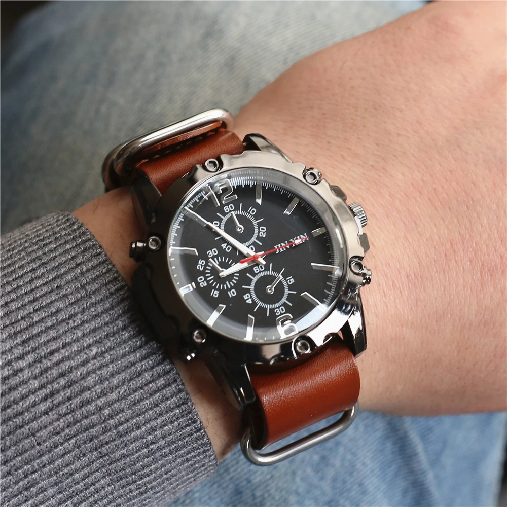 Punk Vintage Indicating Quartz Electronic Wristwatch Brown Black Red Leather Belt Strap Men Watch Bracelet Female Jewelry