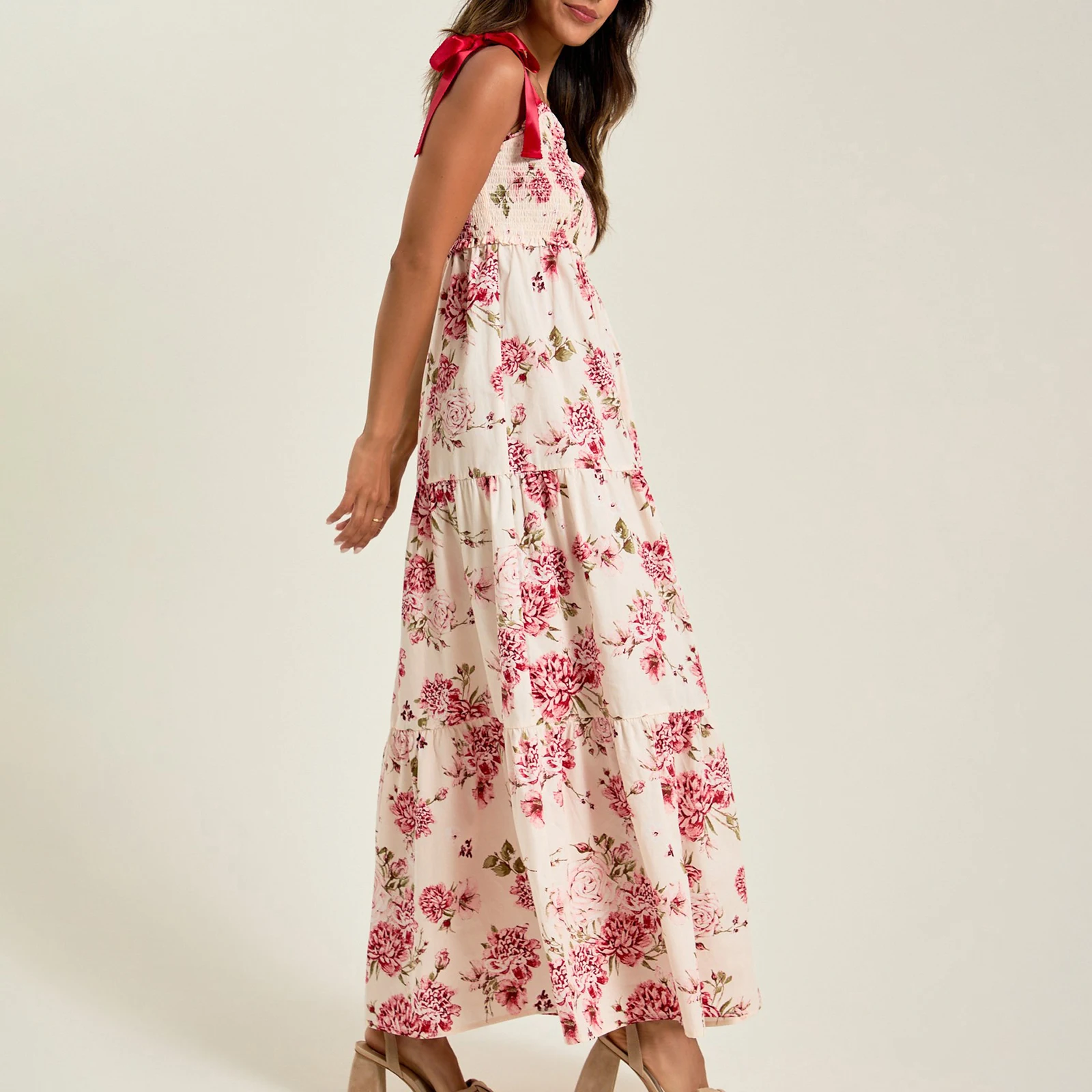 Women's Sleeveless Backless Satin Silky Tie-up Shoulder Straps Flower Print Summer Smocked Swing A-Line Slip Long Dress