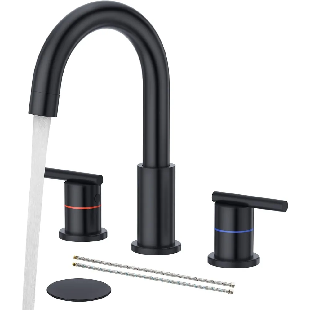 

Black 8-Inch Widespread 3-Hole Bathroom Faucet, 2-Handle SS Vessel Sink Mixer with Pop-Up Drain & cUPC Line