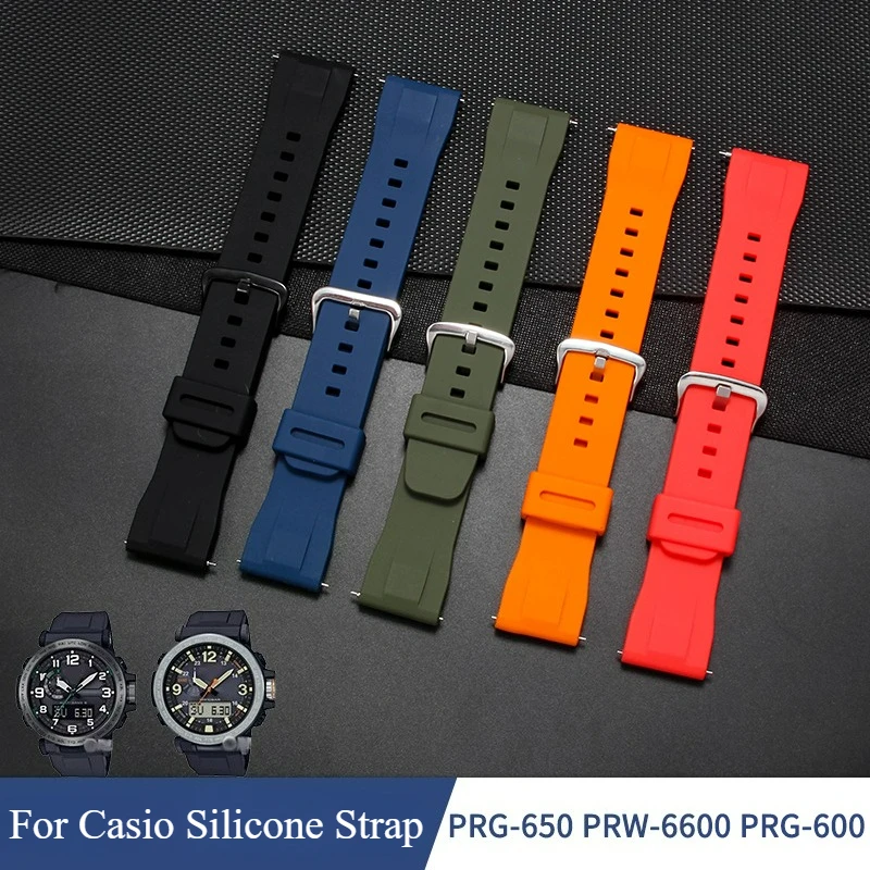 For Casio PRO TREK PRW6600YB Soft Comfortable-wearing Silicone Strap 24mm Solid Steel Closure in Orange Green Black Red Green