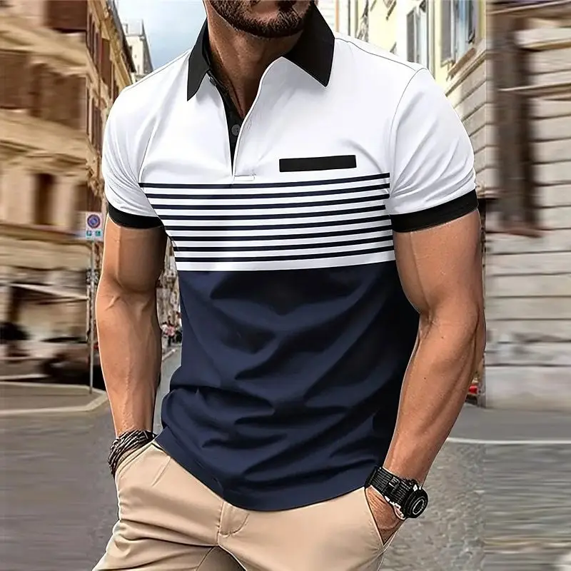 Short Sleeve Striped Fashion Men's Polos T-Shirts Summer Streetwear 3D Printing Simple POLO Tee 6XL Plus Size Casual Tops