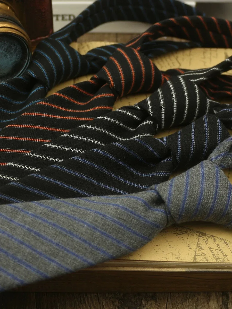 Korean Narrow 6cm Black Striped Plaid Neck Ties For Men Autumn Winter Thick Tie Cotton Linen Solid Green Neckties Casual Cravat