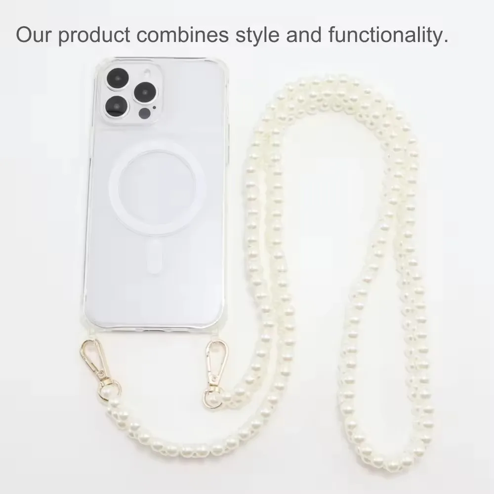 Magesafe Transparent Phone crossbody strap cell phone accessories fashion bead neck lanyard For iPhone 15 14 13 Pro 12 mini 7 8