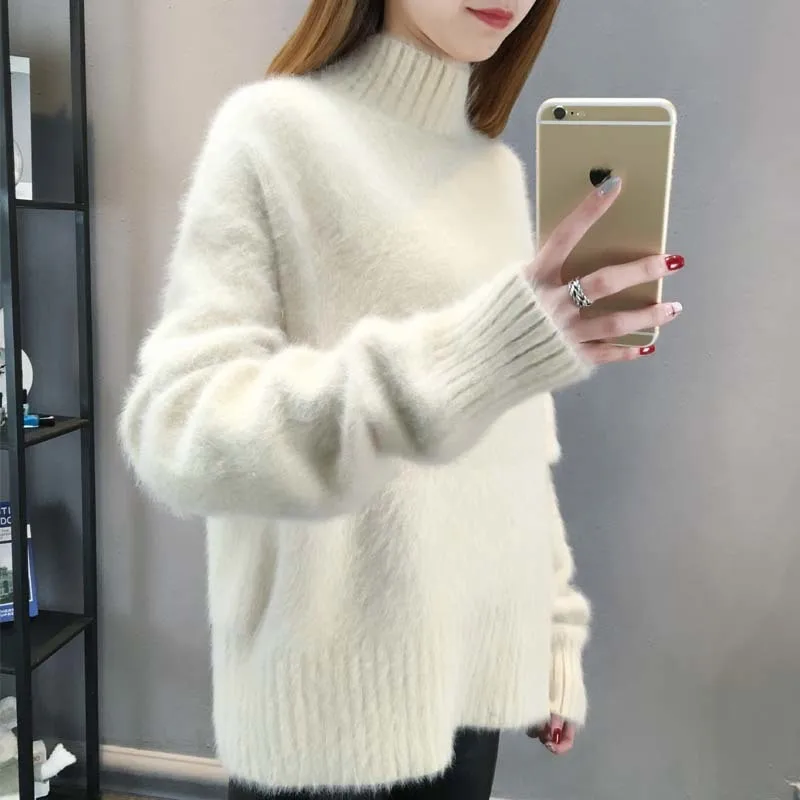 

Faux Mink Cashmere Turtleneck Sweater Women 2024 Autumn Winter Tops Pull Femme Hiver Loose Pullover Streetwear Jumper Sweater