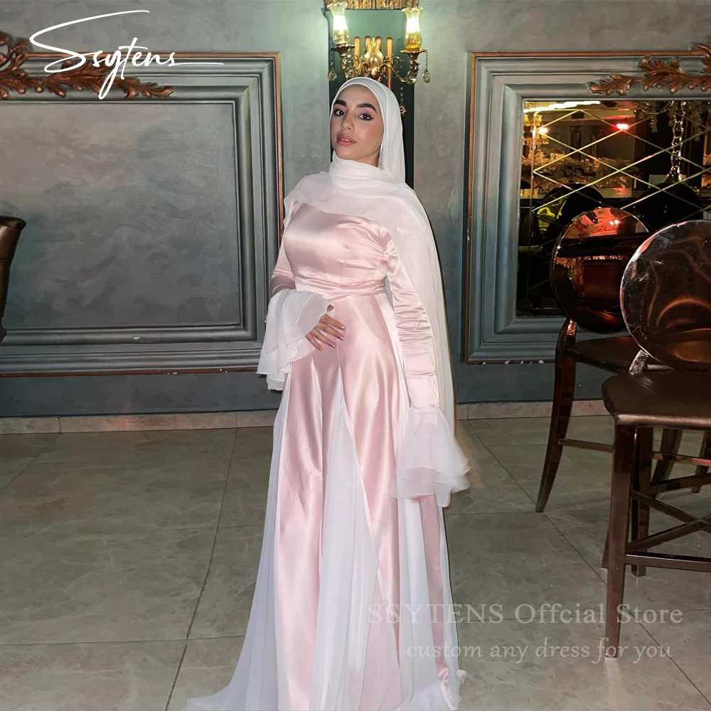 

SSYTENS Dubai Arabic Women Evening Dresses High Neck Prom Gowns Pink Muslim Long Sleeves Formal Party Dress فساتين Customized