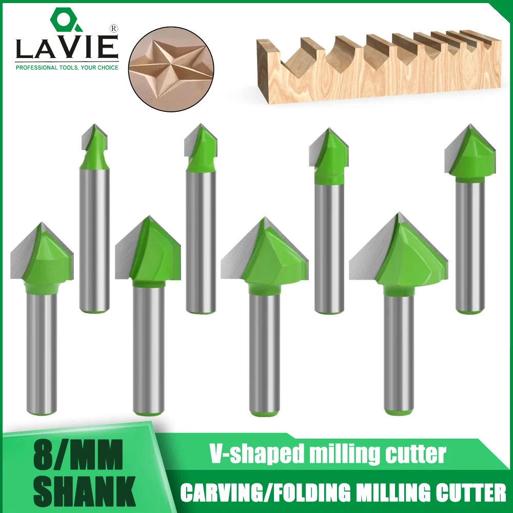 

LAVIE 1pc 8mm Shank 90° V Type Slotting Cutter Bit CNC Engraving Solid Router Bit Carbide Milling Cutter Router Bits for Wood