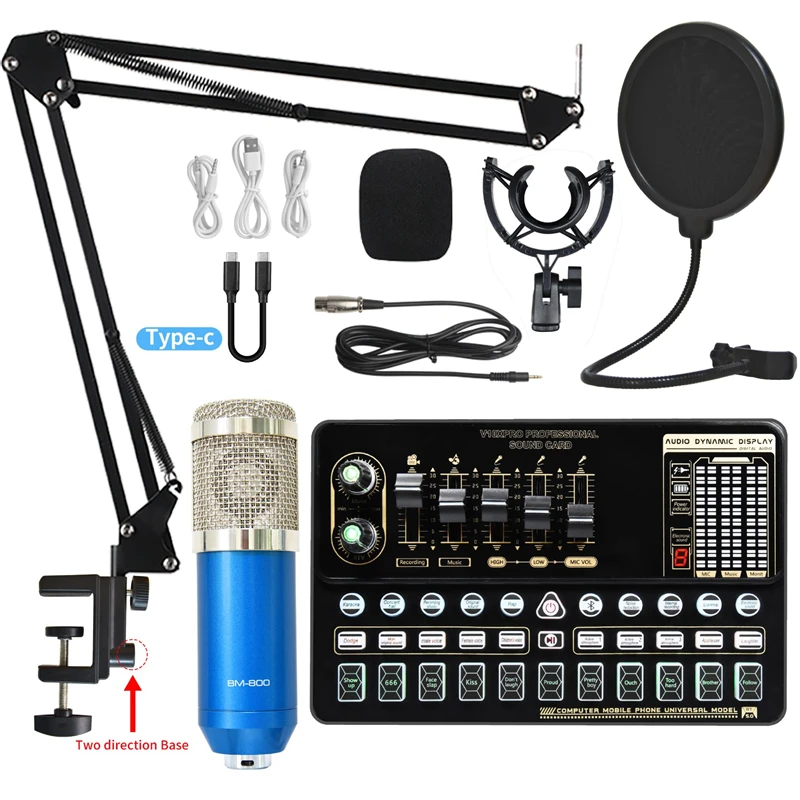 BM800 Condenser Microphone Bundle Professional Studio Microphone Live Sound Card Wireless Adjustable Mic Suspension Scissor Arm