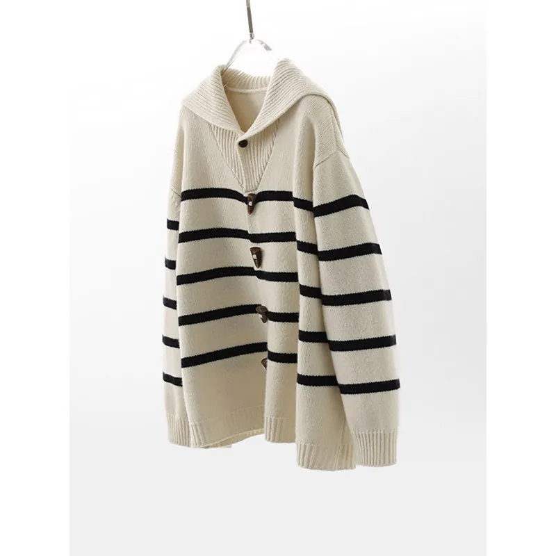 Lazy navy collar horn buckle striped cashmere sweater cardigan sweater in autumn and winter soft waxy