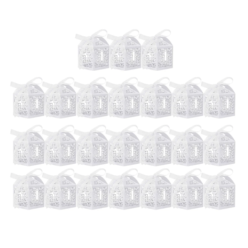 White Crosses Cutout Candy Boxes with Ribbons for Special Event