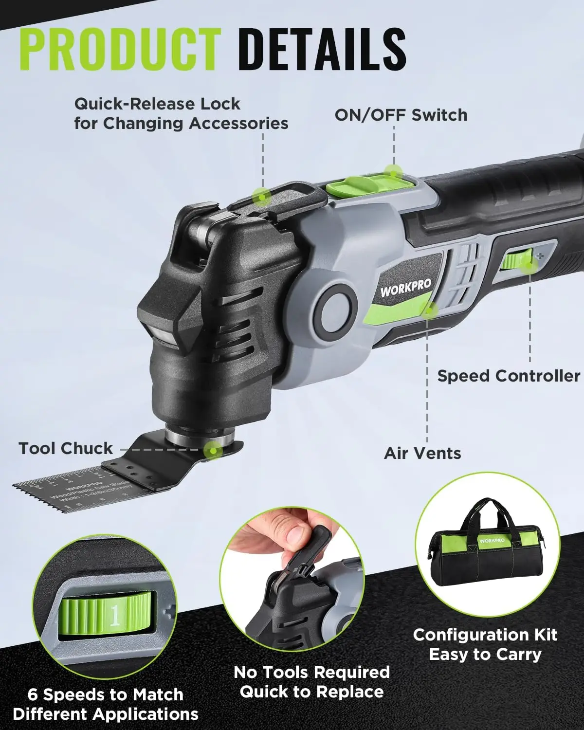 Cordless Oscillating Multi-Tool Kit with 19,000 RPM, 6 Speeds, 21 Accessories, Battery & Bag for DIY Projects