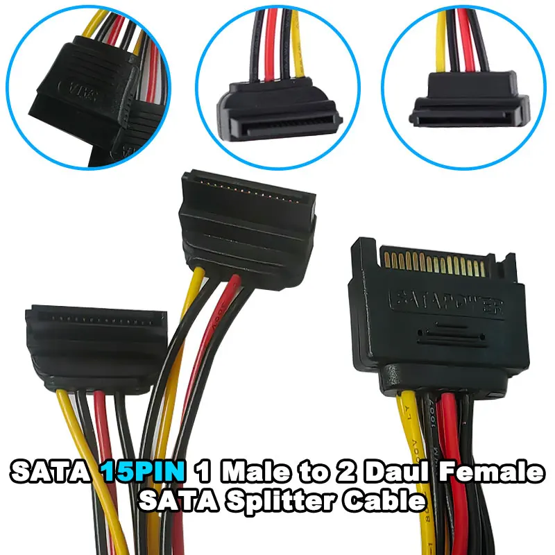 SATA 1 Male to 2 Daul Female SATA Splitter Cable Hard HDD 15PIN 1 to 2 Power Adapter Cord for Computer Y Shape PC Cable