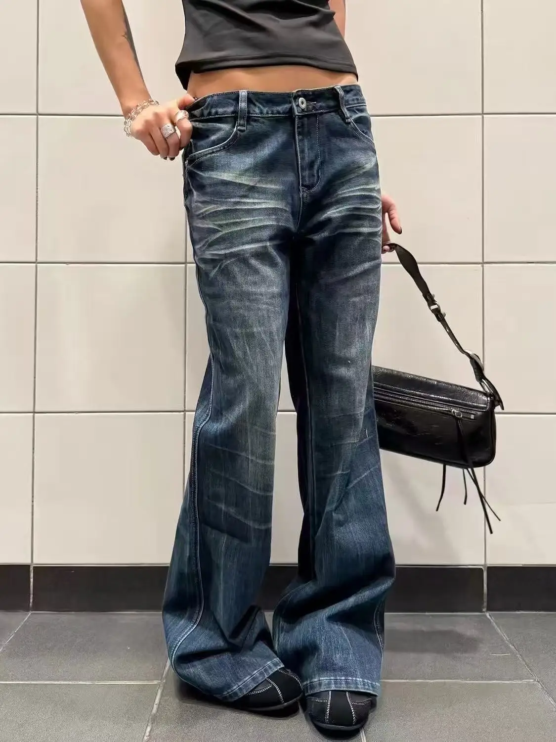 Women's Skinny Jean American Retro Abi High Waist Denim Pants Abi Y2K Japanese Harajuku Bell Bottom High Street Bootcut Jeans