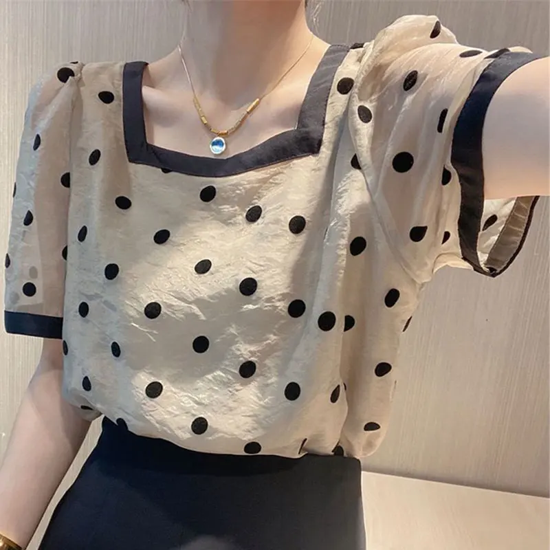 Korean Polka Dot Printed Shirt Elegant Square Collar Summer Short Sleeve Spliced Female Clothing Commute Fashion Loose Blouse