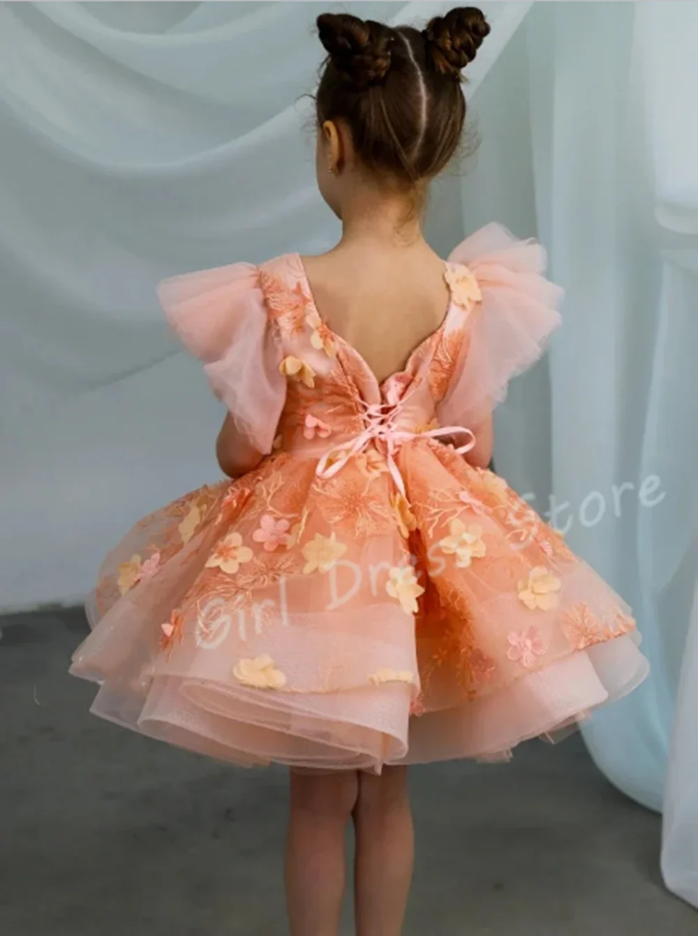 Robe à fleurs en Tulle personnalisée pour filles, pour mariage, avec des Appliques florales, longueur aux genoux, bouffante, jolie robe de séance Photo pour fête d'anniversaire pour enfants