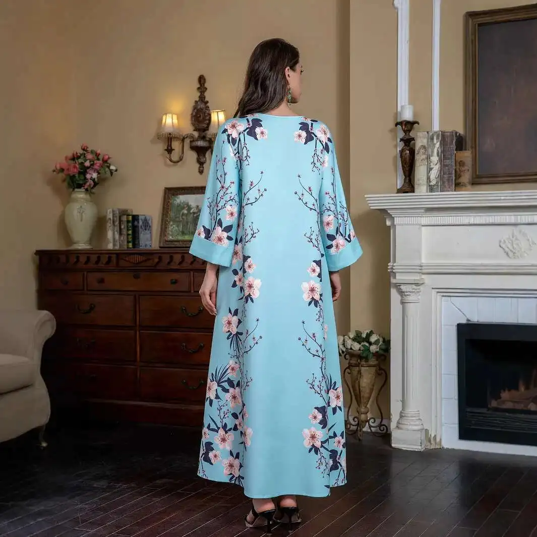 무슬림 라운드 넥 로브, 두바이 아바야 핫 다이아몬드 비드 프린트 원피스, SW0904