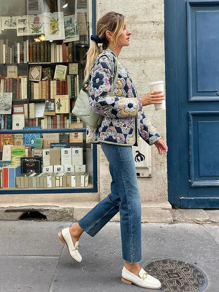 Abrigo de algodón con estampado Floral para mujer, chaqueta corta holgada de manga larga con bolsillos, cuello en v, estilo Retro, ropa de calle