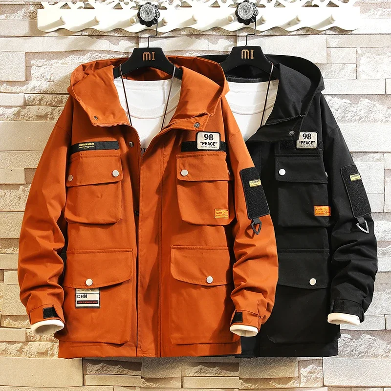 Men Jacket Multi Pockets Hooded Outwear Korean Fashion Patch Jackets Zipper Coats Retro Techwear OverSize Men Clothing