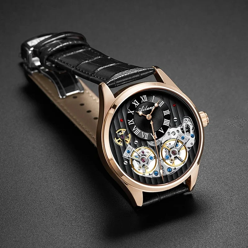 Ailang 8821B Men Hollow Mechanical Wristwatch Dual Balance Wheel Skeleton Dial Black Leather Band Luxury Business Watch for Male