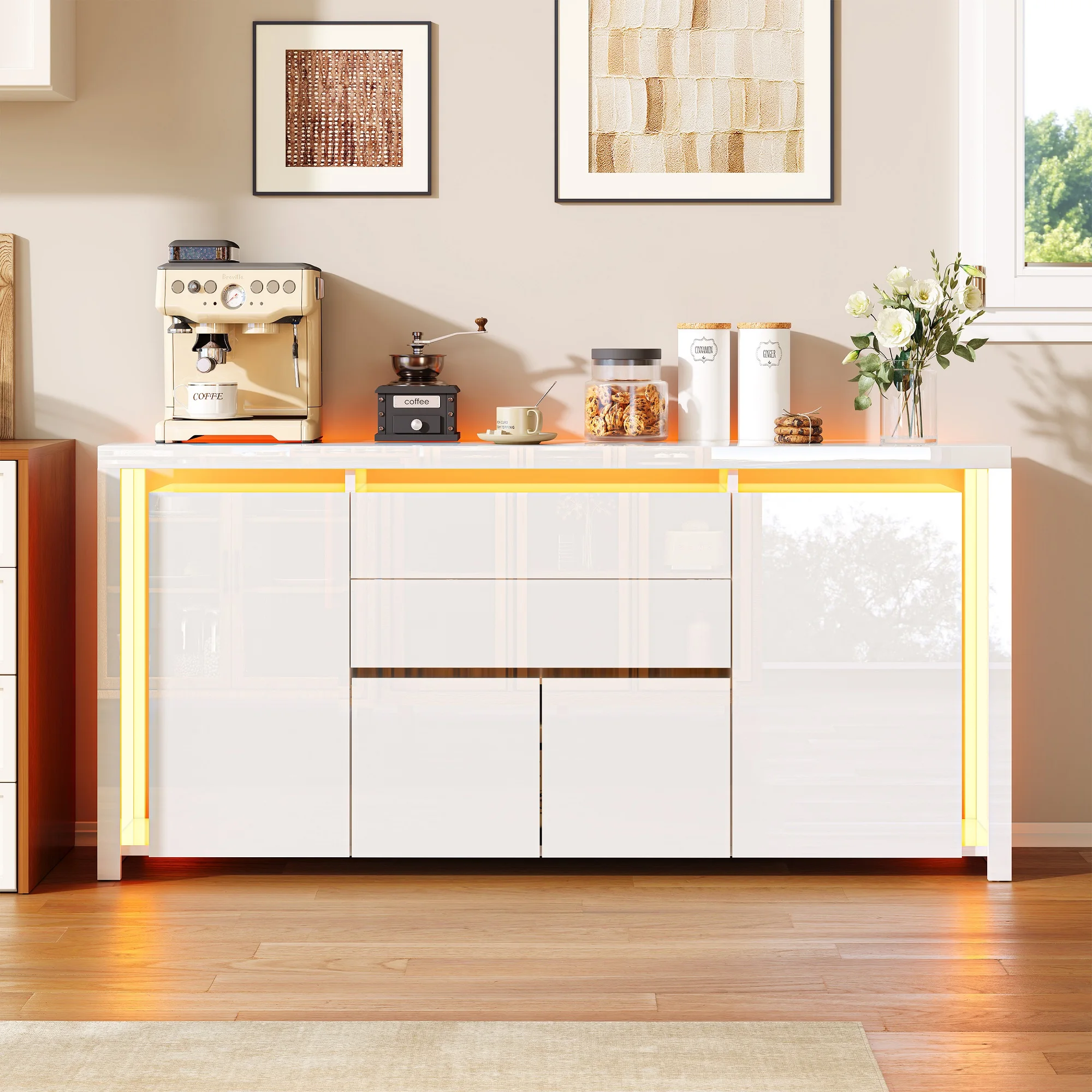 Rosahqnda Sideboard Hochglanzweiß mit LED, modernes Sideboard mit Tür und Schubladen, Buffetschrank, Kommode für die Küche – Detail 3