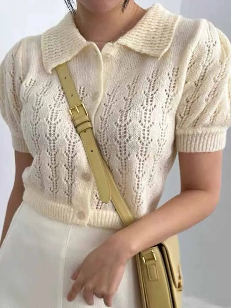 

Korean Sle Hollow out Knitted Cardigan Women's Spring 2024 New Vintage Lapel Design Pure Desire Top Faionable Slim Fit Bu...