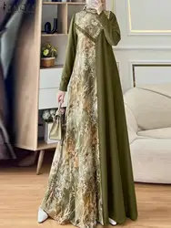 2024 ZANZEA kobiety jesień Vintage kwiatowy Print Maxi Vestido turcja Abaya hidżab sukienka muzułmańska artystyczna patchworkowa sukienka z długim rękawem