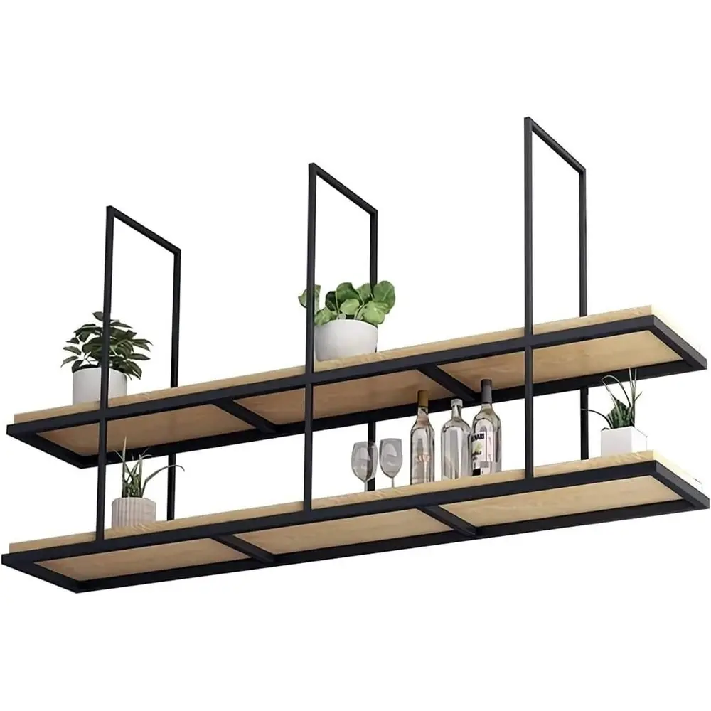 

Деревянная настенная полка-подвеска с подставкой для растений, органайзером для бутылок и металлическим кашпо (90x30x80 см)