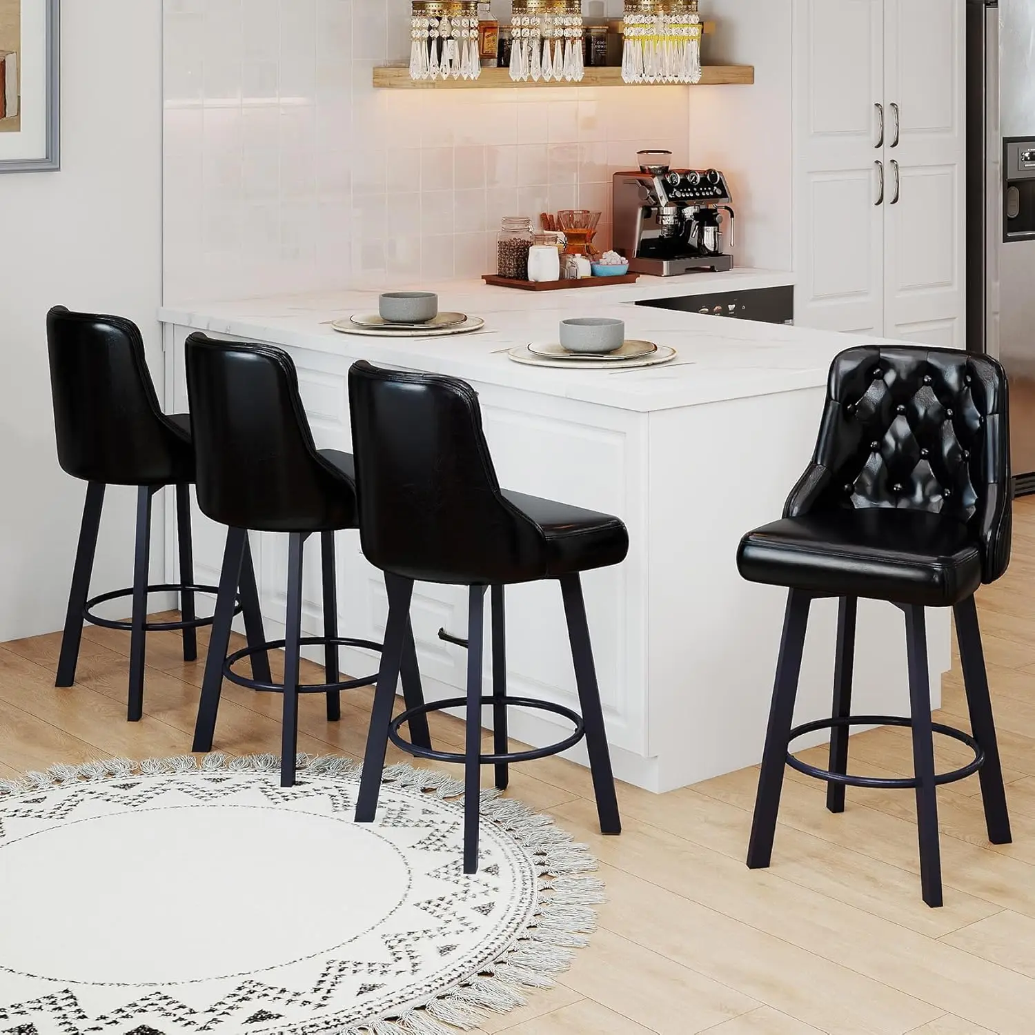 

26" Tufted Counter Height Bar Stools Set 4 w/ Back Footrest Metal Leg Faux Leather Kitchen Island Dining Pub Cafe, Customized