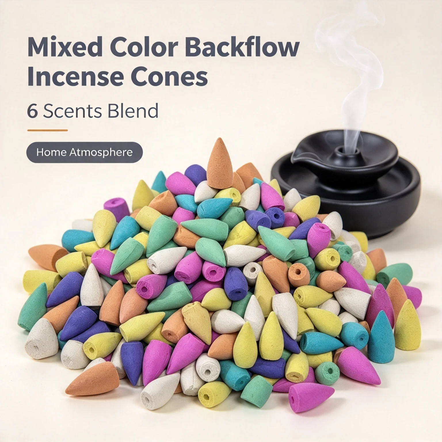 6 kinds of scented backflow incense cones, with smoke flowing downwards, perfect for your home, tea room, study, or yoga space