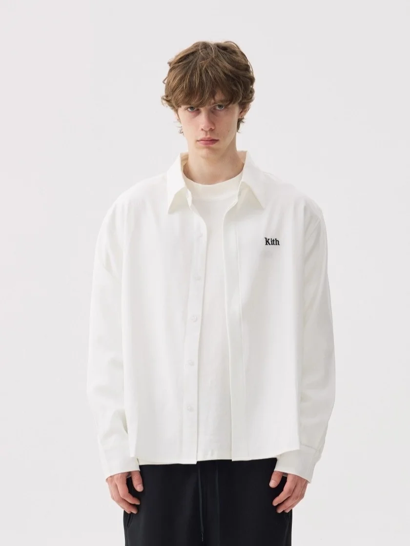 KITH Men's Long Sleeve Shirt Loose Fit Premium Feel Black Cityboy Style Inner Wear Pure White Shape Autumn Fashion