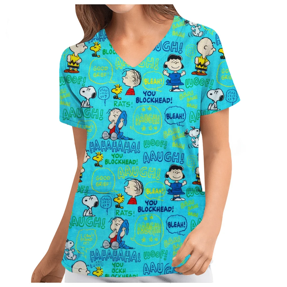 Hospital Working Uniforms Medcine Snoopy print Nursing v-neck blouse Dental clinic Uniform Medical Nurse short sleeve Scrub Tops