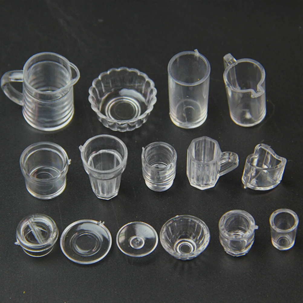 

15pcs/Set Mini Transparent Kitchenware Toy Drink Cups Dish Plate Tableware Miniatures DIY Pretend Play