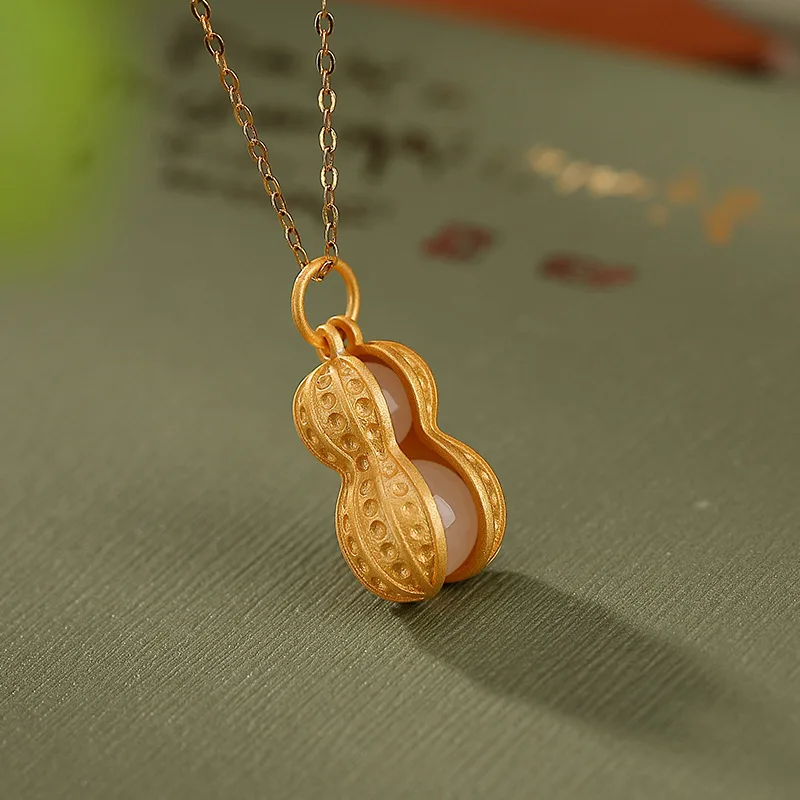 

Uglyless Opening Peanuts Pendants for Women Handmade Gold 925 Silver Peanut Shells Necklaces NO Chain Nature Jade Jasper Peanuts
