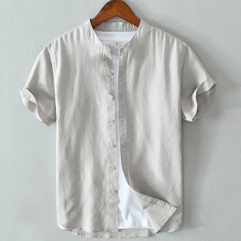 Men's Linen Short Sleeve Shirt Casual Neckless Cotton Linen Summer round Neck Linen Fabric Upper Apparel Youth Vitality Style