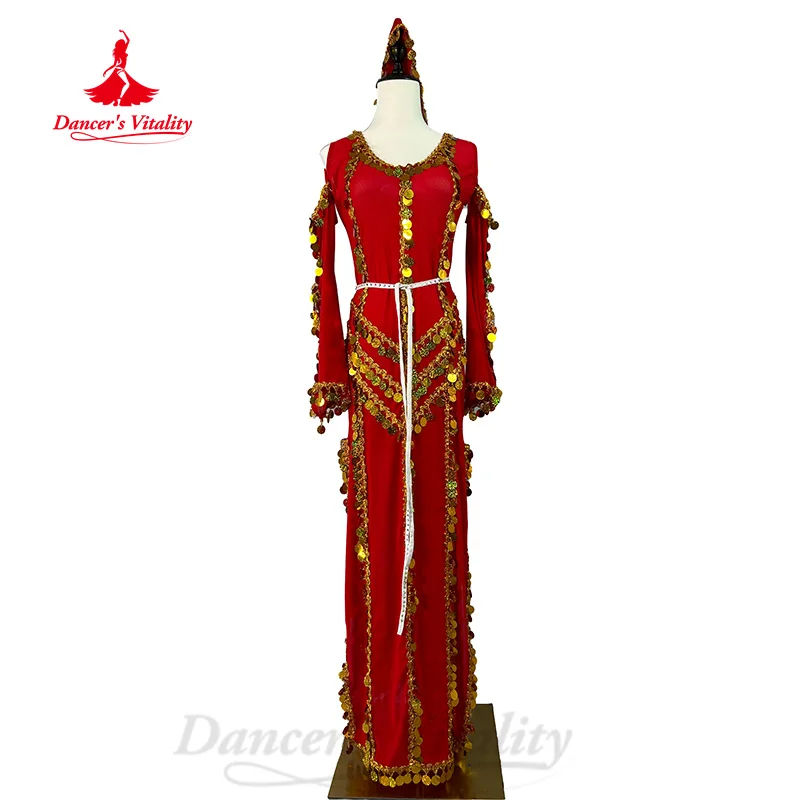 

New Belly Dance Costumes Women's Customized Senior Gold Sequin Dress+Headscarf+Belt 3pcs Dancer Professional Practice Clothes